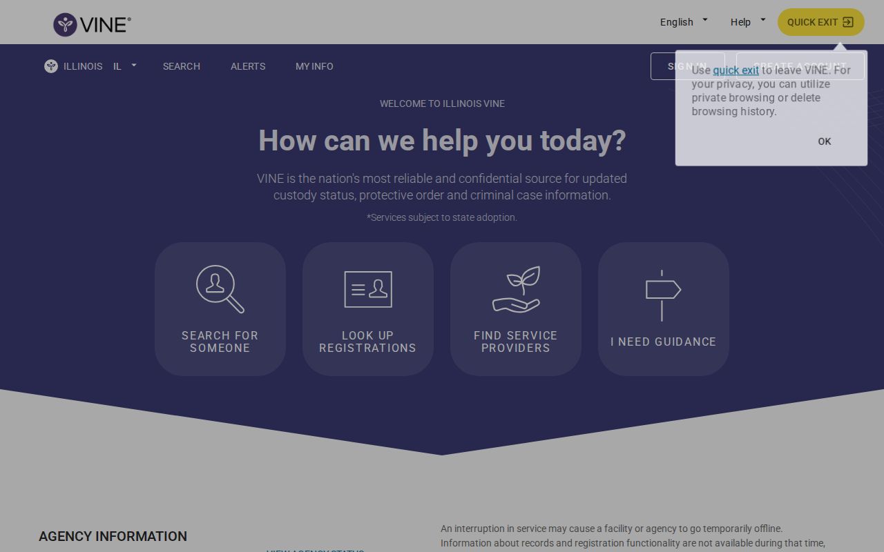 Washington County VINE inmate check and Illinois release notification screen